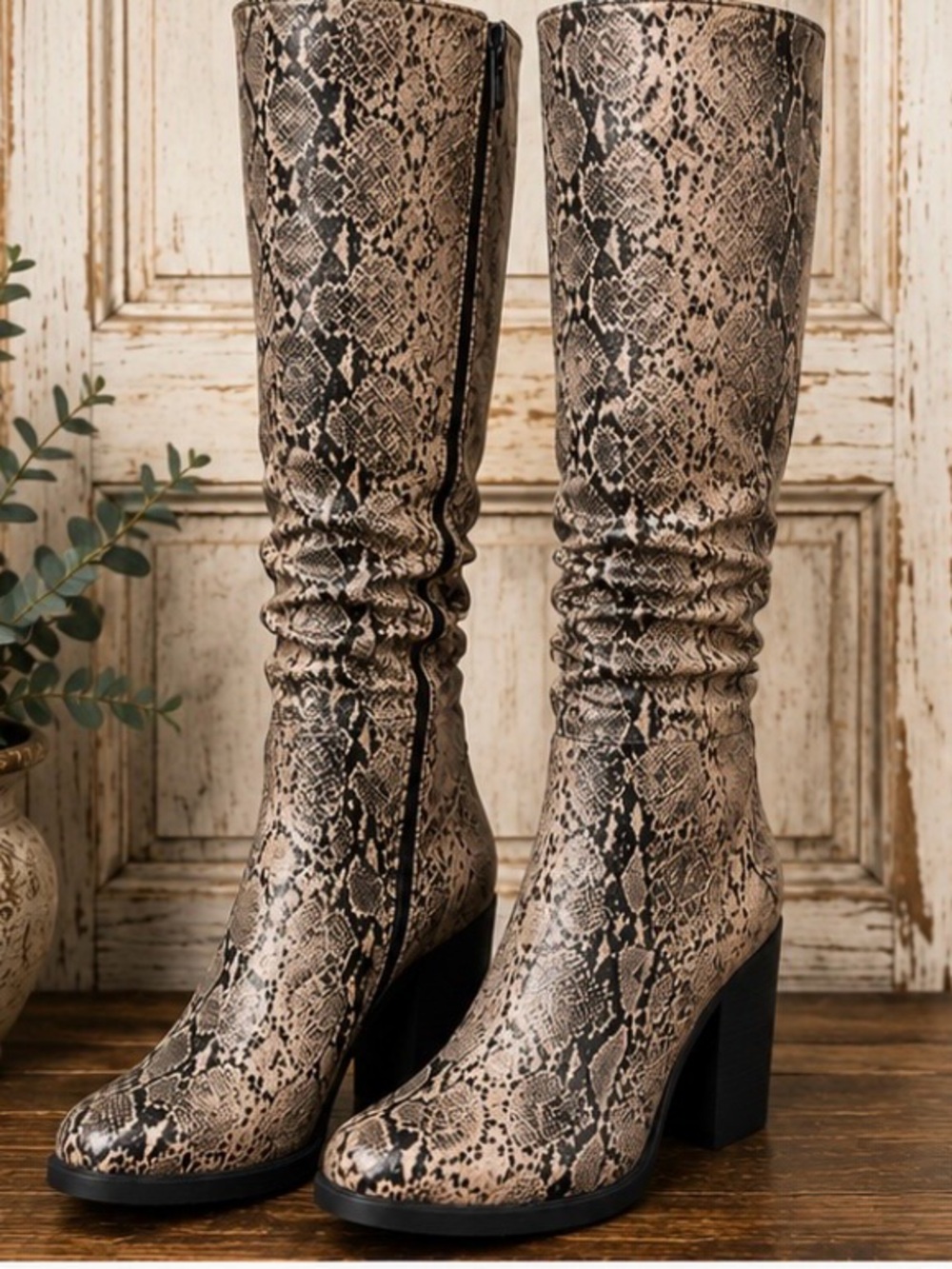 Boutique 9 Taupe Beige and Black Faux Snakeskin Over-the-Knee Boots